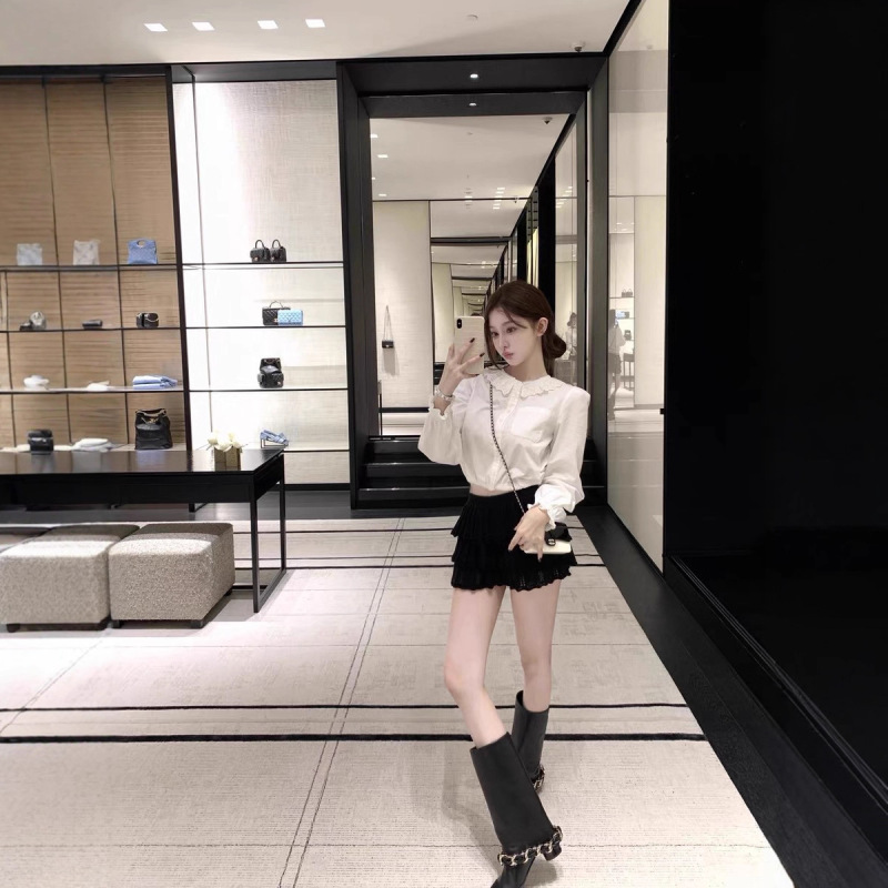 韩雨嘉Kyoto贵女法式荷叶边白色衬衫女气质小衫针织半裙套装|undefined