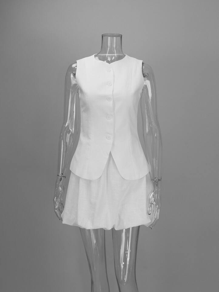 Bộ vest không tay kèm chân váy ngắn dáng hoa hồng thanh lịch — Trắng, màu hồng, quả mơ chi tiết 8