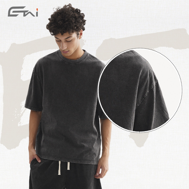 ETAI Hombre| Marca de tendencia transfronteriza pesada lavada con agua para hacer viejas camisetas retro estadounidenses de color sólido sueltas de hombro para hombres mangas cortas image 4