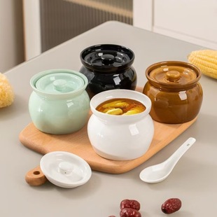 Large Ceramic Stew Pot with Lid for Bird's Nest Soup, Water-Separating White Double-Handle Stew Pot with Lid, Commercial Steamed Egg Bowl