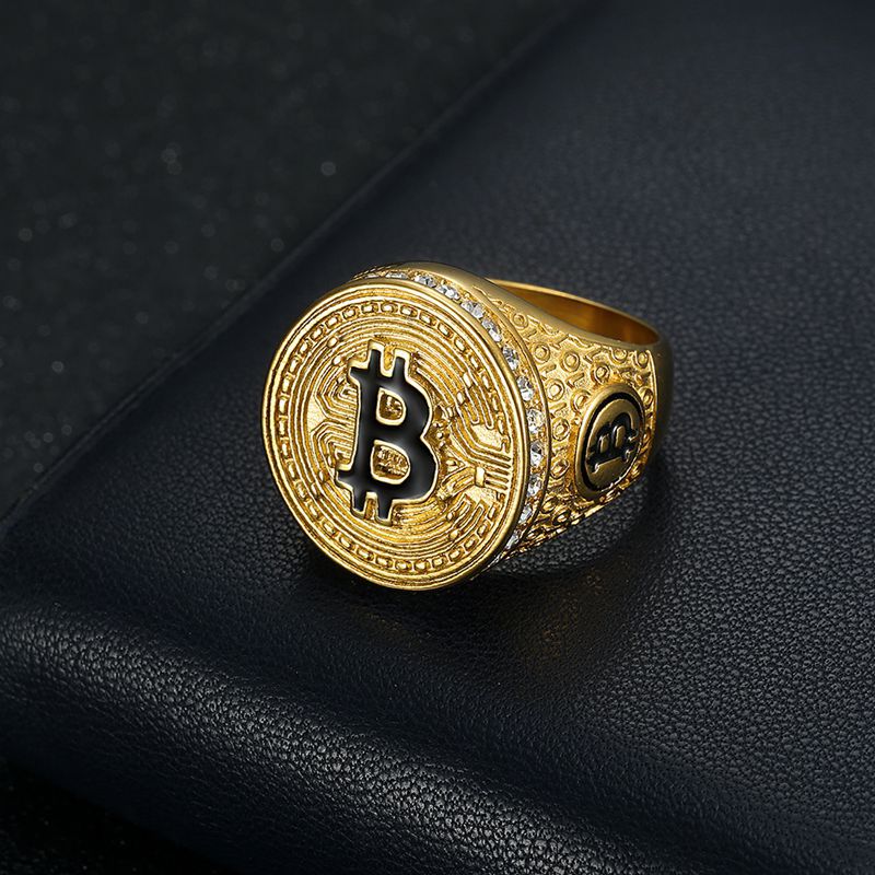 Men's Gold Plated B Letter Bitcoin Ring With Diamond Studded Design_voghion.com