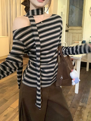 复古撞色条纹斜肩飘带长袖t恤女秋季韩系设计感修身露肩洋气上衣