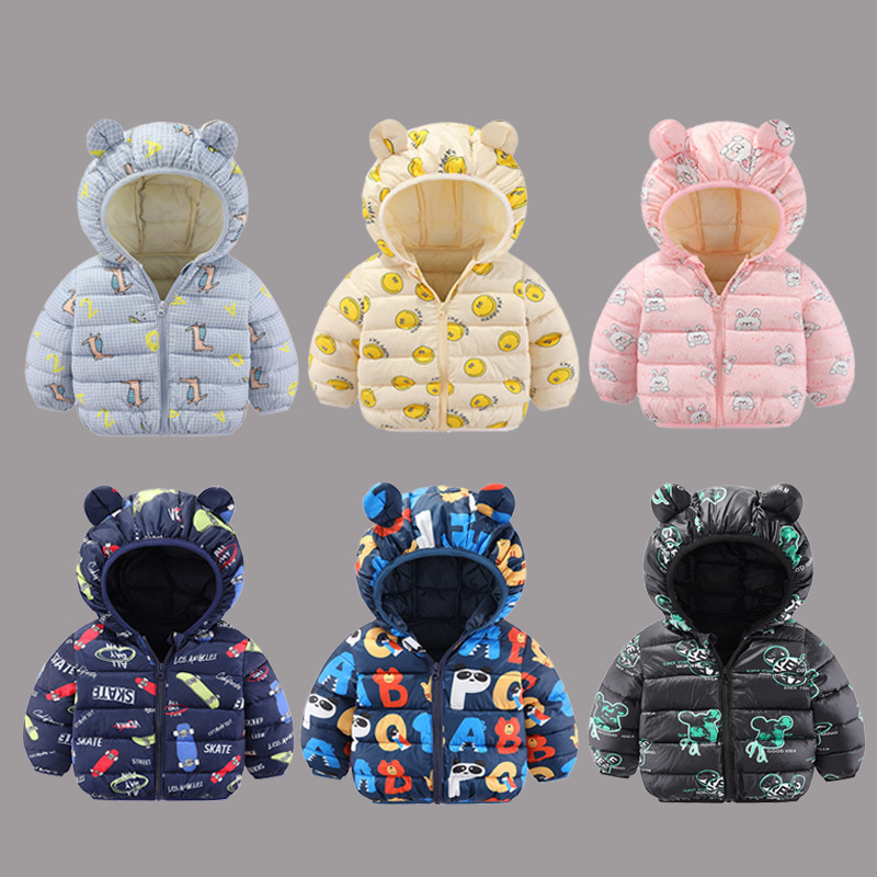 2024 nuevo otoño e invierno Bebé niños y niñas con capucha orejas impresas de algodón acolchado ropa bebé ligero abrigo infantil