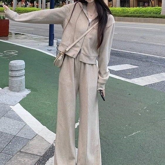 女装外出阔腿裤春秋拉链卫衣新款两件套连帽休闲运动套装女2025年|undefined