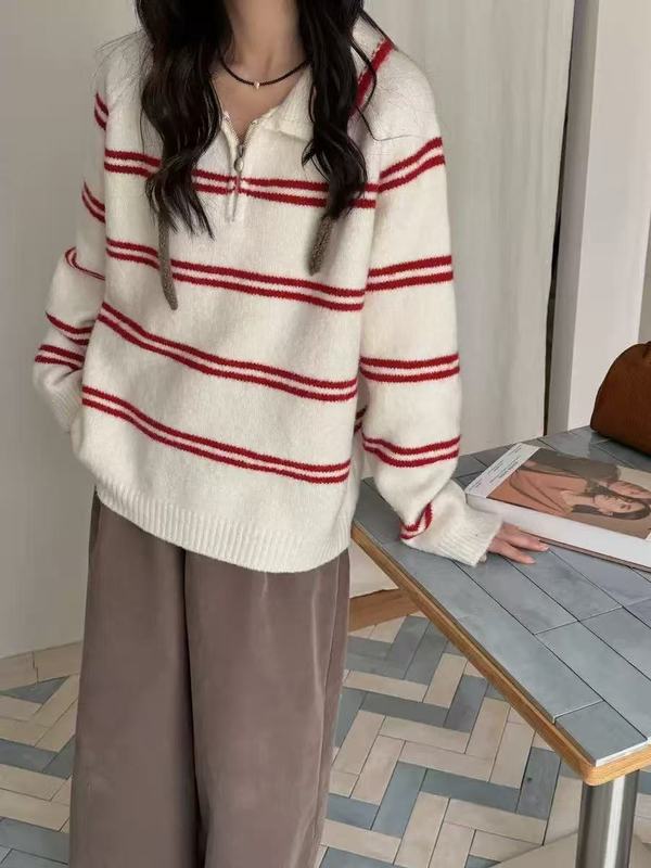 韩系polo领条纹套头毛衣女秋冬宽松翻领半拉链软糯减龄针织衫上衣|undefined
