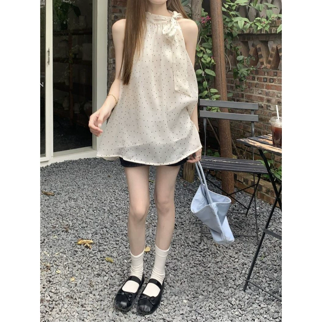 Рубашка-халтер с бантом и принтом в горошек для женщин, новый летний стиль, французский нежный стиль, безрукавка с уникальным дизайном, нишевый топ.