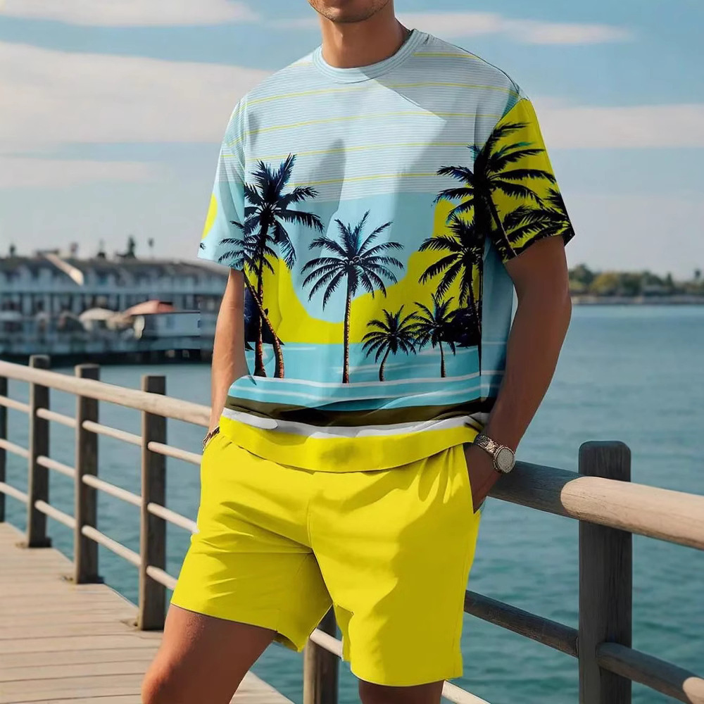 휴가 남성 2024 여름 신작 반팔 반바지 해변 캐주얼 3D 작은 코코넛 나무 프린트 비치 슈트