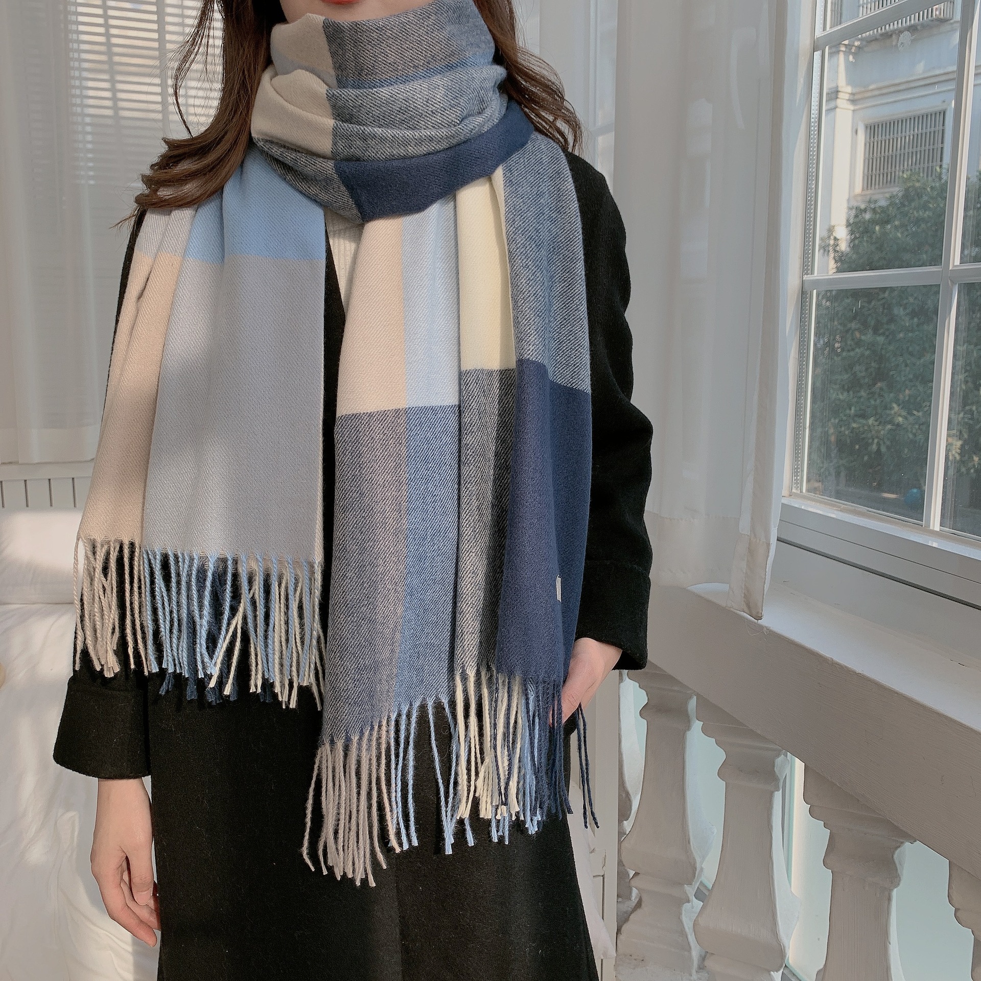 Women Plaid Imitation Cashmere Scarf Navy Blue 70x200cm