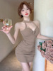 Sexy long sleeved cardigan+hanging neck revealing backpack buttocks dress two sets