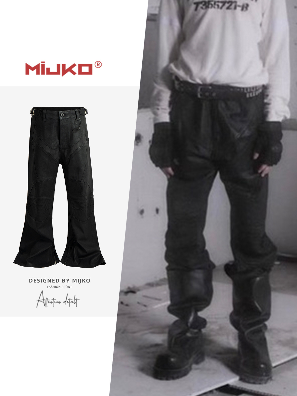 Mijko Men's and Women's Flared Waxed Knee-Cushioned Biker Jeans with Waistband Buckle Design Functional Black Denim Pants