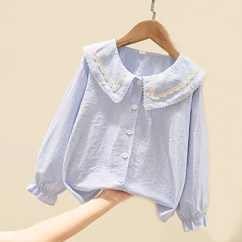 Children's Clothing Girls' Shirt Spring and Autumn Fashion Cotton Stripe Doll Collar Lace Shirt Casual Stylish Children's Top Trendy