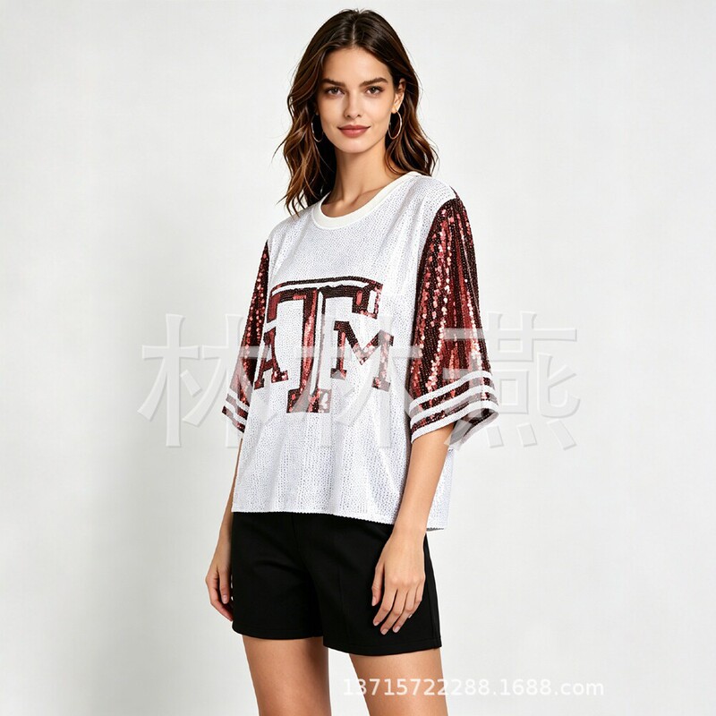 High-Quality In-Stock American College Style Sequin T-Shirt Atm Themed White and Red Color-Block Sequin Mid-Sleeve Top High-Quality In-Stock American College Style Sequin T-Shirt Atm Themed White and Red Color-Block Sequin Mid-Sleeve Top