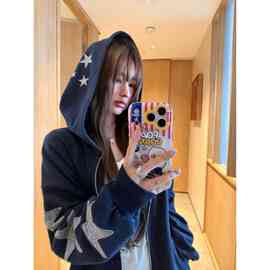 加绒白金拉链烫钻纯棉华棉复合拉链星星卫衣男女同款