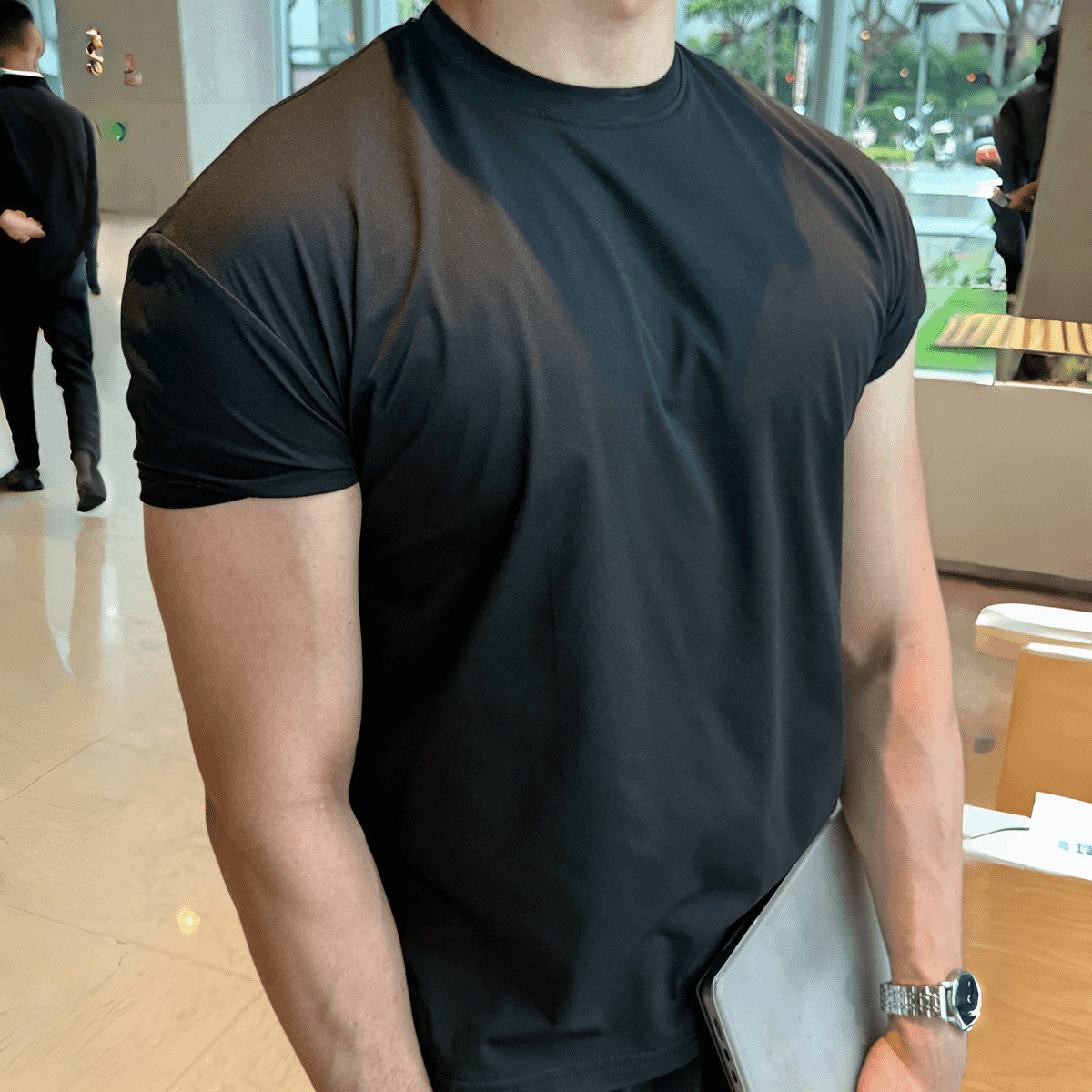 Men's Sports Stretch Short-Sleeve T-Shirt, Summer Solid Color, Cooling Cuffs, Crew Neck, Quick-Drying, Breathable Fitness Clothing