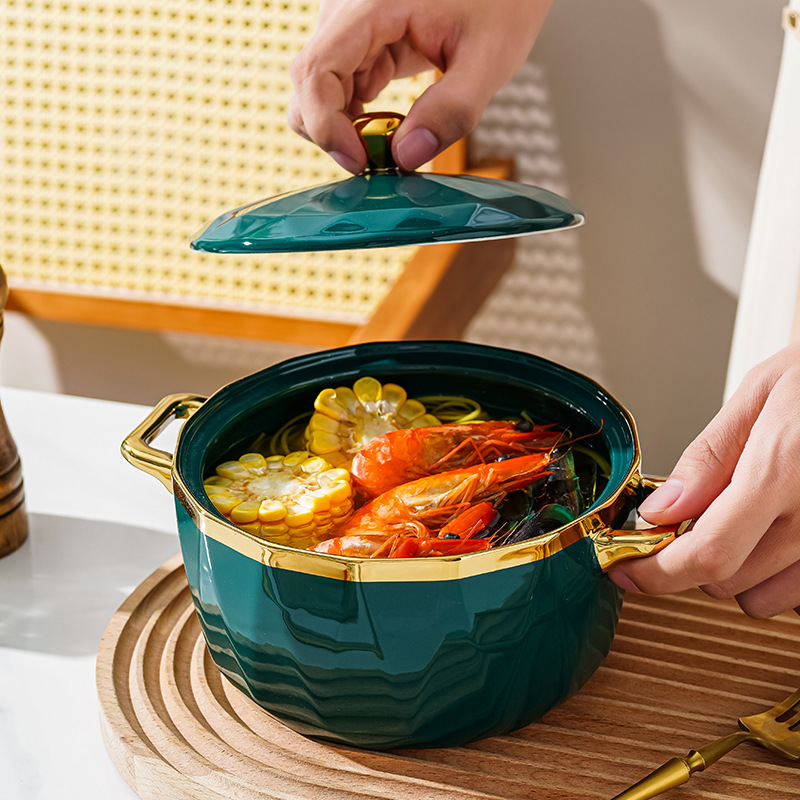 Luz de lujo Esmeralda borde dorado hogar tazón de sopa de cerámica personalidad creativa instantánea fideos tazón con tapa Internet celebridad vajilla doble oído tazón