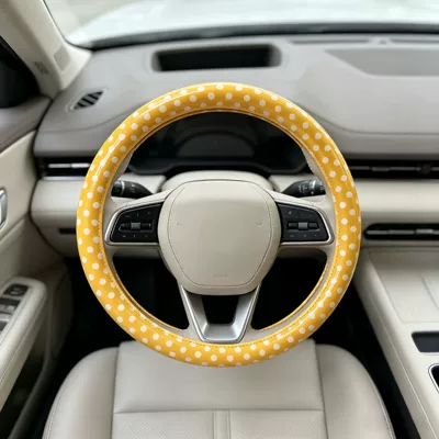 Steering wheel cover: Steering Wheel Cover Polka - pu-leather-yellow-bottom-white-polka-dots-universal-style-38cm