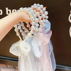 かわいい子供のパールストリーマーヘッドバンド手作りメッシュプリンセスリボンヘアポニーテール編組ヘアアクセサリーヘアピン