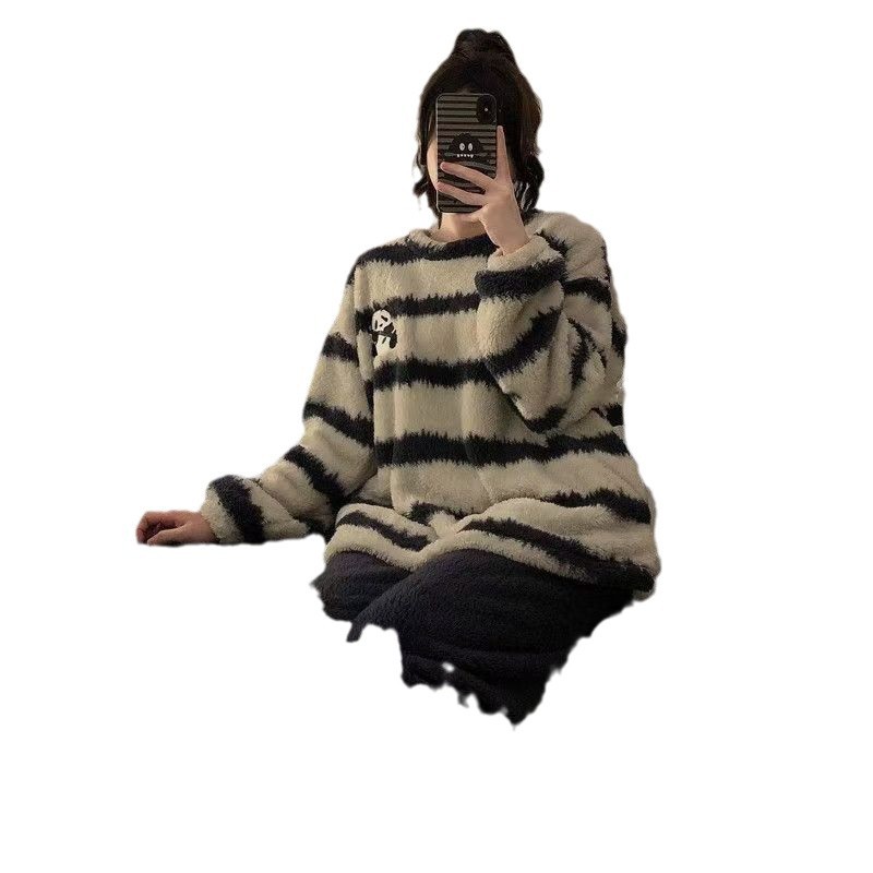 Panda coral pijamas de terciopelo de invierno para mujeres con terciopelo grueso y cálido hombre de cuello redondo franela pareja set de ropa de casa