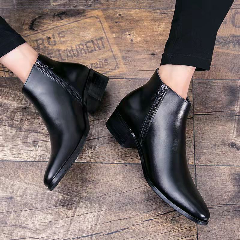 Spring and Autumn British Korean Style Men's Boots, Pointed Toe High-Top Leather Shoes, Fashionable Short Boots, Trendy Martin Boots, Men's Short Leather Boots