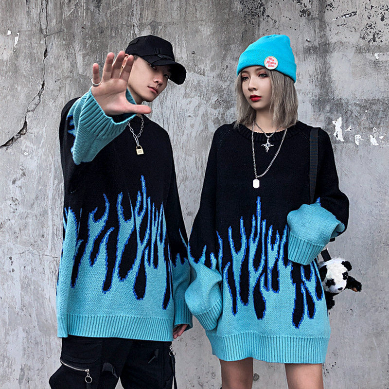 Suéter cálido par desgaste llama ins japonés suelta hip hop High Street cuello redondo suéter de manga larga hombres y mujeres