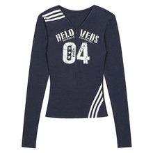 衣品男装美式复古数字印花V领长袖T恤女辣妹修身显瘦正肩打底衫潮