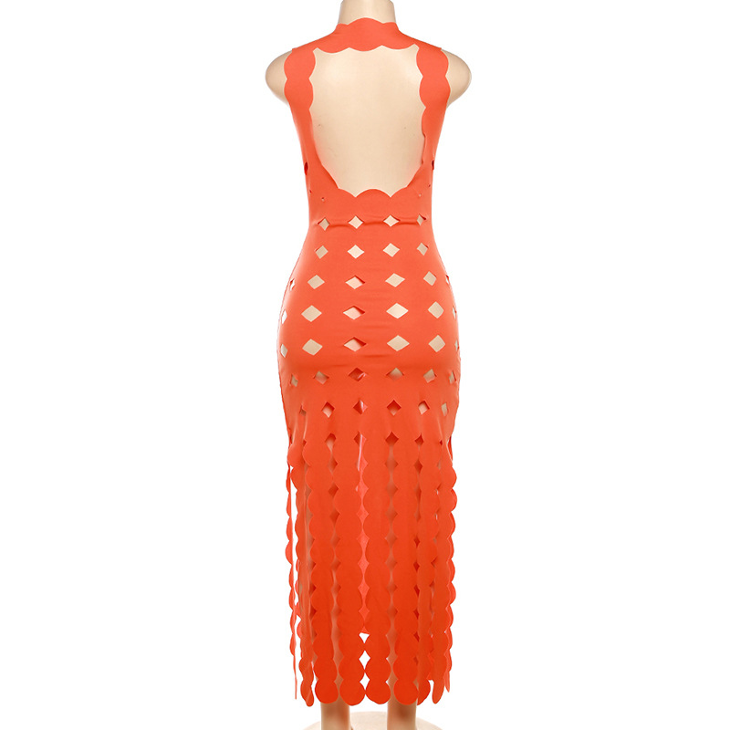 Summer Women Clothing Sexy Sleeveless Hollow Out Cutout High Waist Slim Slimming Maxi Dress