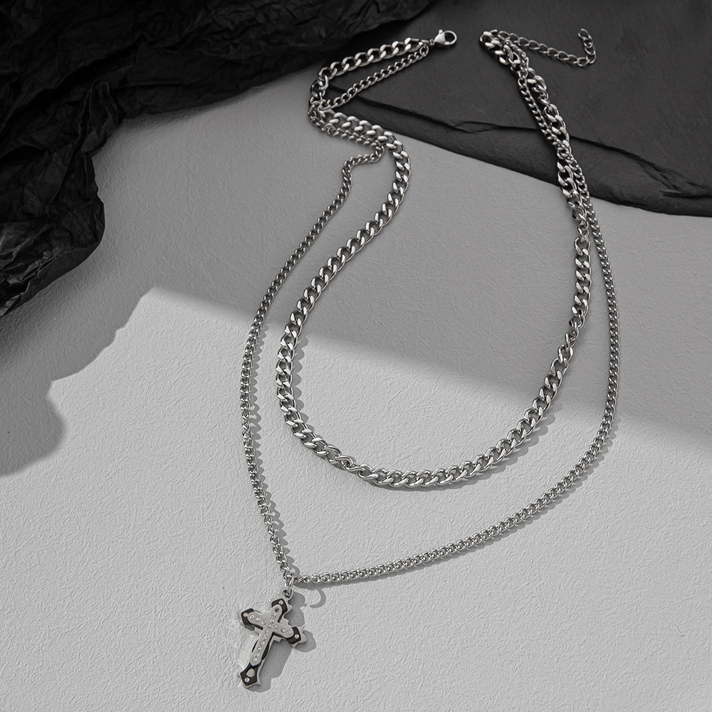 56g Weight Rhinestones Inlay Material Hip-hop Cross Stainless Steel Inlay Rhinestones Layered Necklaces