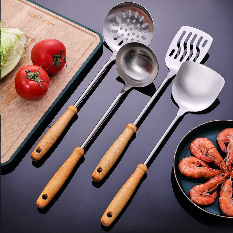304 de acero inoxidable espátula cocina del hogar mango de madera cocina pala de sopa cuchara freír pala utensilios de cocina traje de fábrica al por mayor
