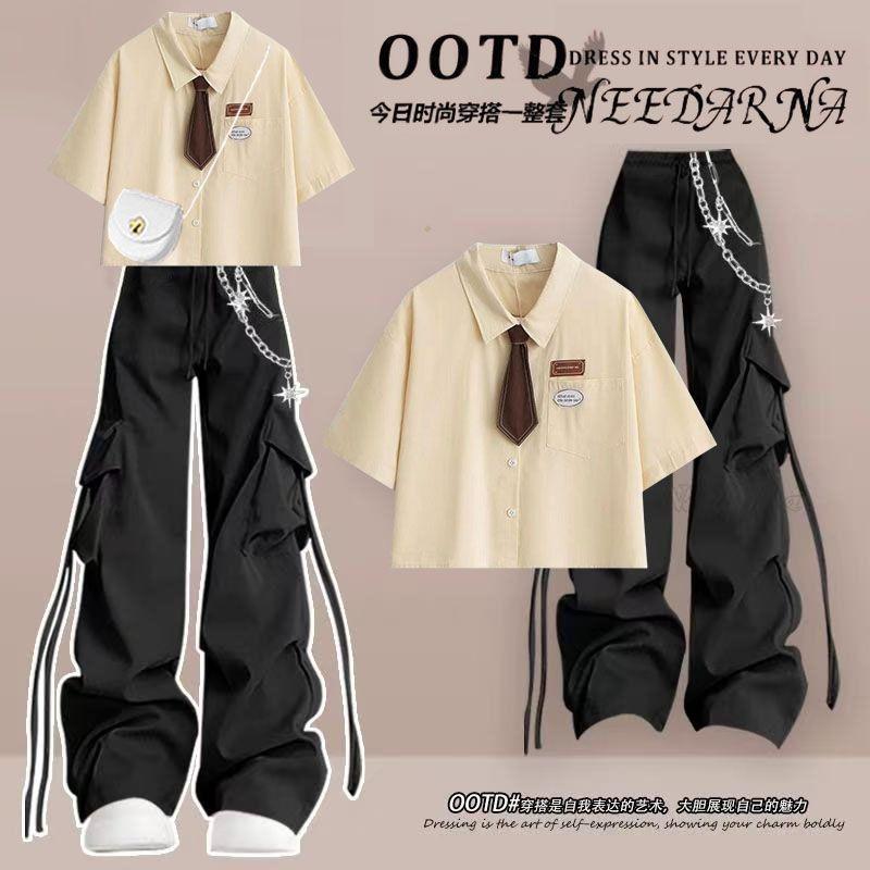 Summer Workwear Suit for Female Students Korean Style Loose Preppy Style Short-Sleeved Shirt + Handsome Cargo Pants Two-Piece Trendy Set