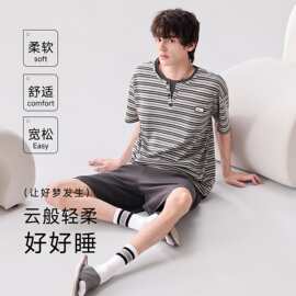 夏季新款纯棉男士短袖短裤套头睡衣时尚休闲男家居服图片色居家