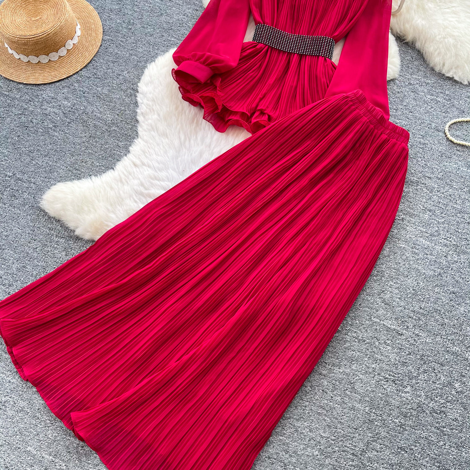 French Office Style Purple Lantern Sleeve Belted Ruffle Midi Dress For Women | Autumn Elegant Two-Piece Set_ecoleips.com