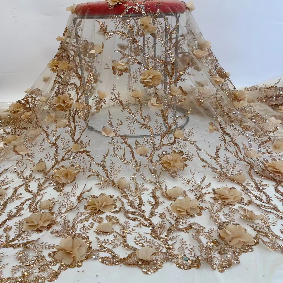 Vestido de novia de tela tridimensional flor lentejuelas posicionamiento bordado encaje europeo y americano malla bordado vestido de tela JX1914