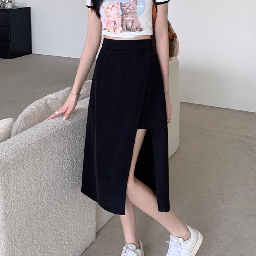 Design Sense Split Lining Hip Skirt Women's 2024 Summer New High Waist Slimming A- line Skirt Fashion One-step Skirt