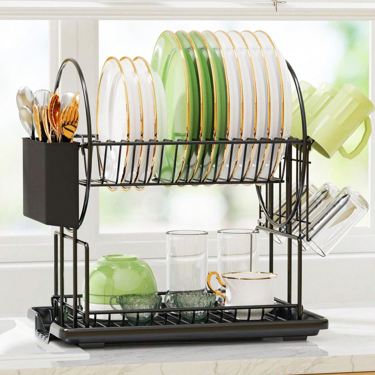 Transfronterizo negro de doble capa de platos con bandeja de agua abierta, estante de platos desmontable con palillos, jaula de tazas colgantes