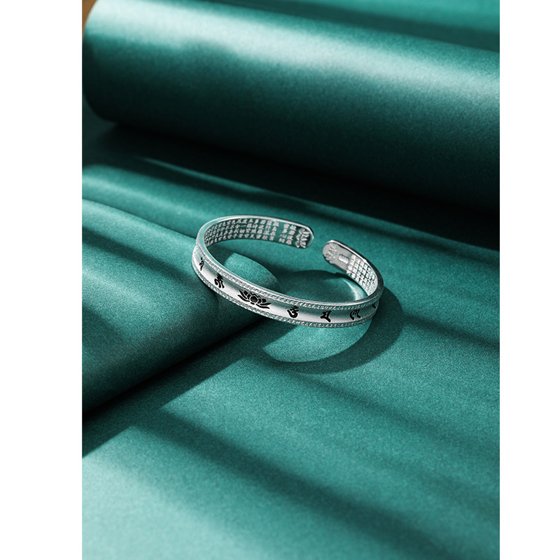 S999 plata pura loto tallado pulsera de plata esterlina para las mujeres estilo étnico retro temperamento amplia superficie sólida madre estilo pulsera de plata