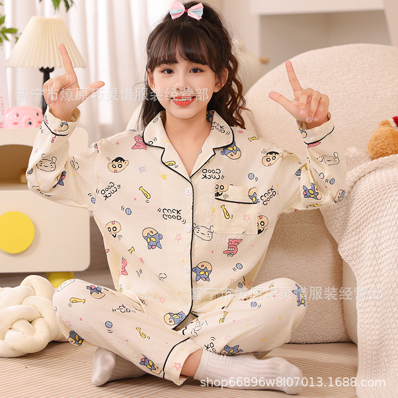 Pijama de niñas primavera y otoño dibujos animados tela espuma de tela delgada manga larga lindo ropa para niños de tamaño medio y grande ropa para el hogar