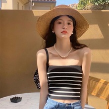 无肩带抹胸美背外穿辣妹吊带上衣设计感夏季条纹针织冰丝小背心女