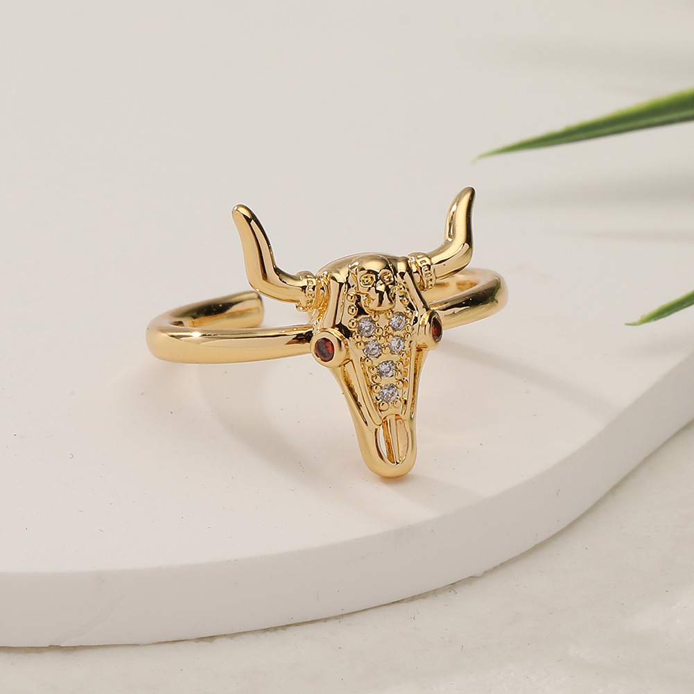 Fashion Bull Head Copper Gold Plated Zircon Open Ring