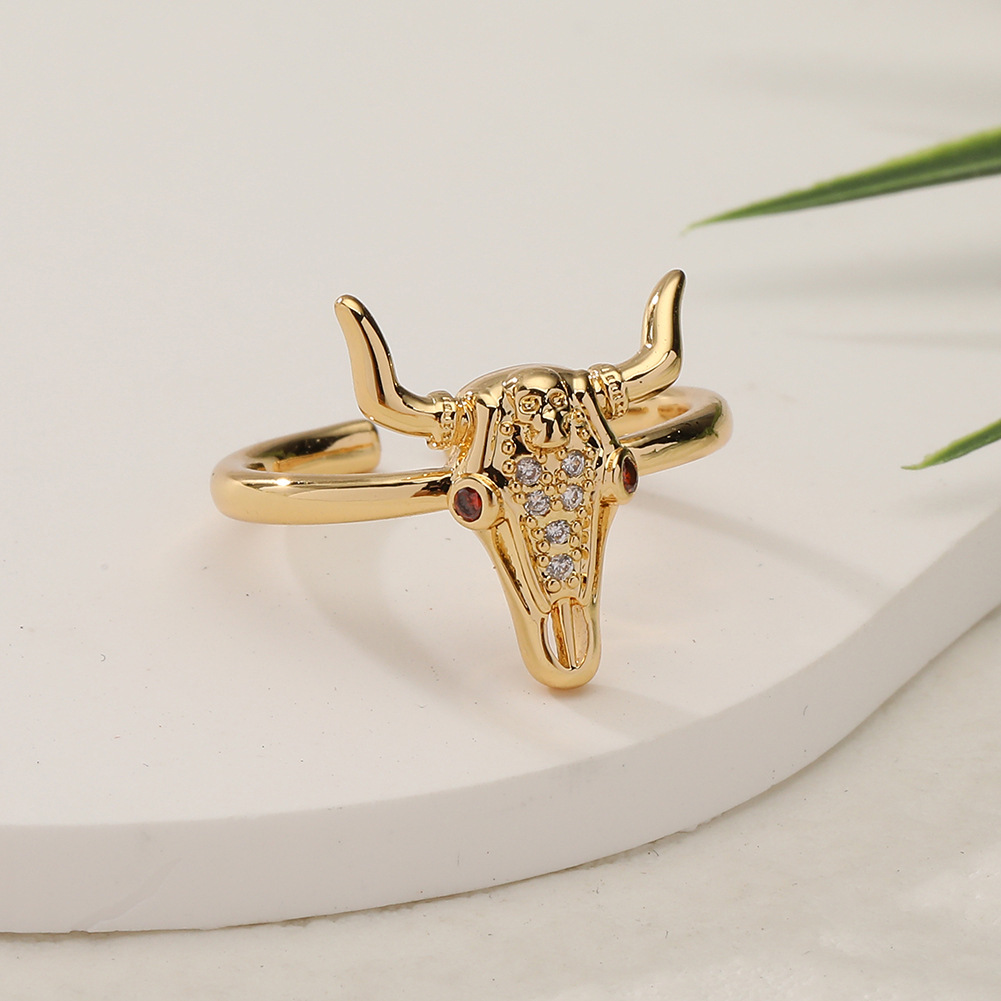 Fashion Bull Head Copper Gold Plated Zircon Open Ring display picture 2