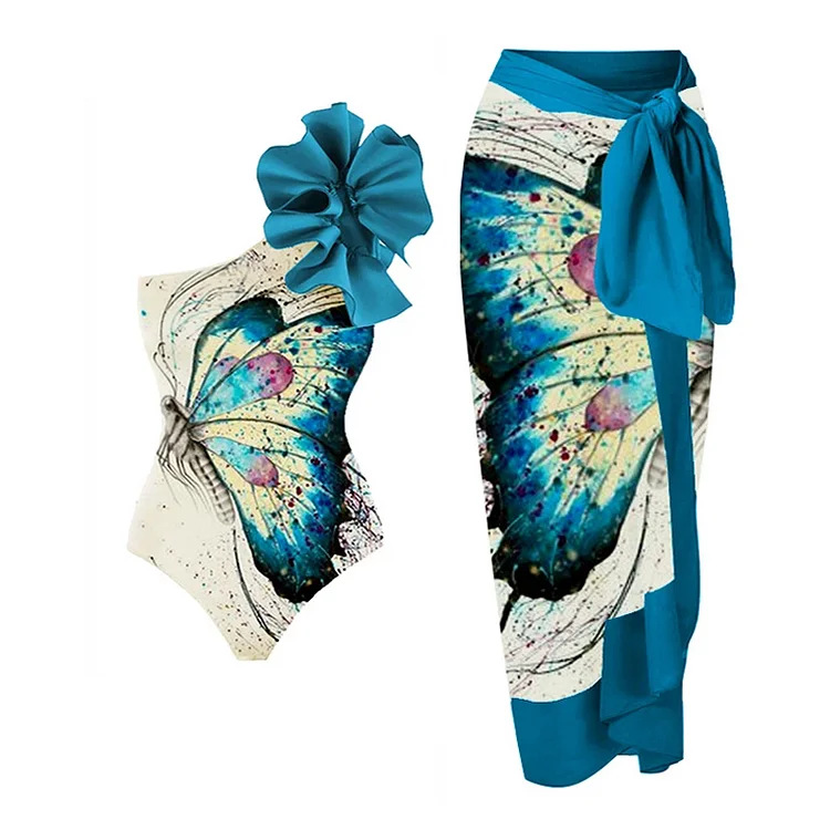Damen Badeanzug Mit Blumen- Und Schmetterlingsmuster One-shoulder_voghion.com