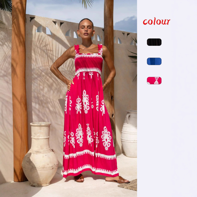 2025 European and American New Amazon Aliexpress Hot Selling Women's Beach Skirt Vacation Style Printed Chest Wrap Dress