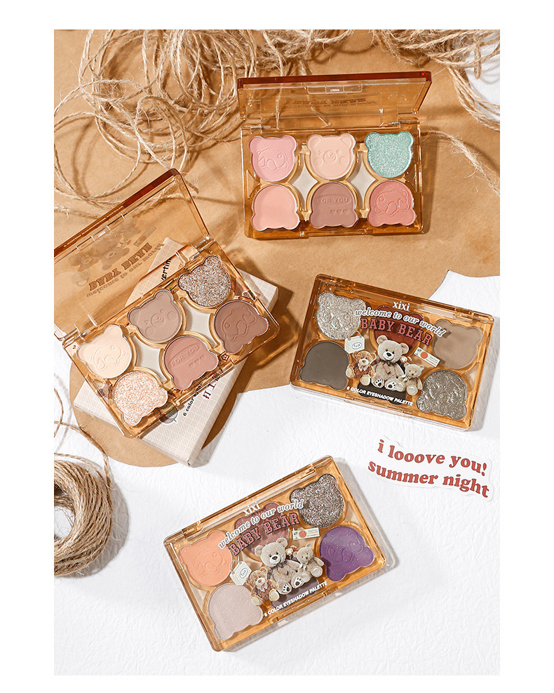 Beauty xixi Working Bear six-color eyeshadow, cool, broken diamond pink, purple and blue contrast color y2k imitation smoky cut eye makeup undefined