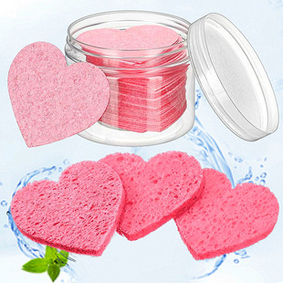 Cross-border hot selling love heart-shaped compressed wood pulp cotton face washing puff fiber sponge powder puff pink compressed piece face cleaning puff