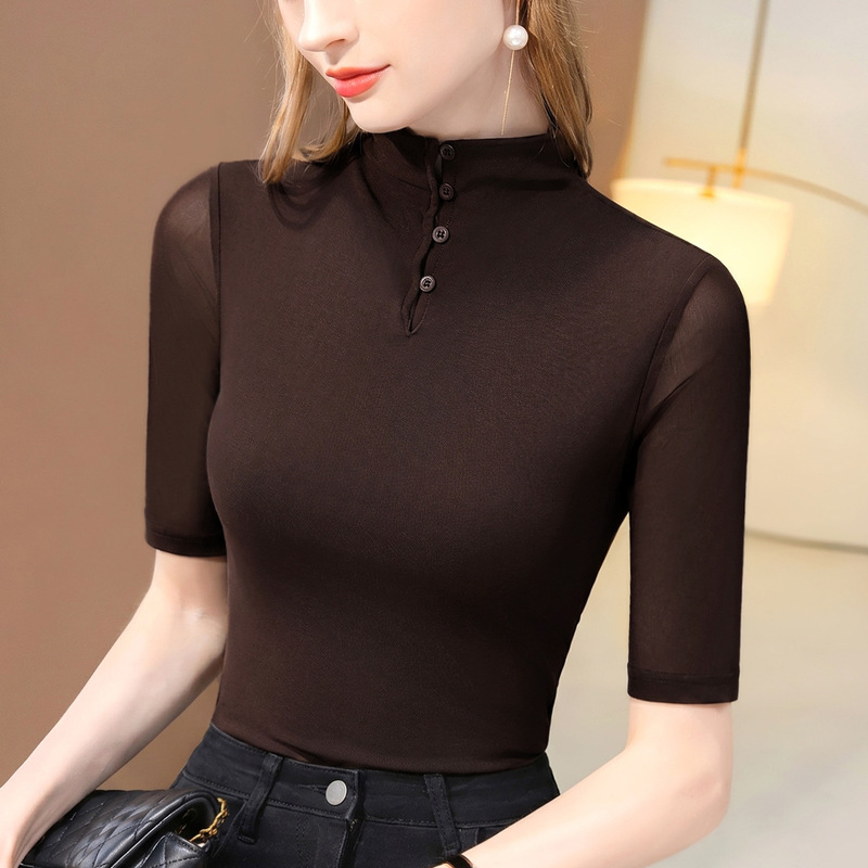 2026 New Spring and Autumn Coffee-Colored Half-High-Neck Mid-Sleeve T-Shirt for Women, Slim-Fit, Slimming, Three-Quarter Sleeve, High-End Mesh Top