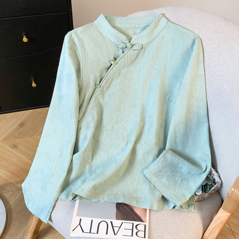 Real Shot of the 2026 Spring New Chinese Style Stand Collar, Diagonal Placket, Pearl Button Jacquard Long-Sleeve Shirt Blouse for Women Real Shot of the 2026 Spring New Chinese Style Stand Collar, Diagonal Placket, Pearl Button Jacquard Long-Sleeve Shirt Blouse for Women