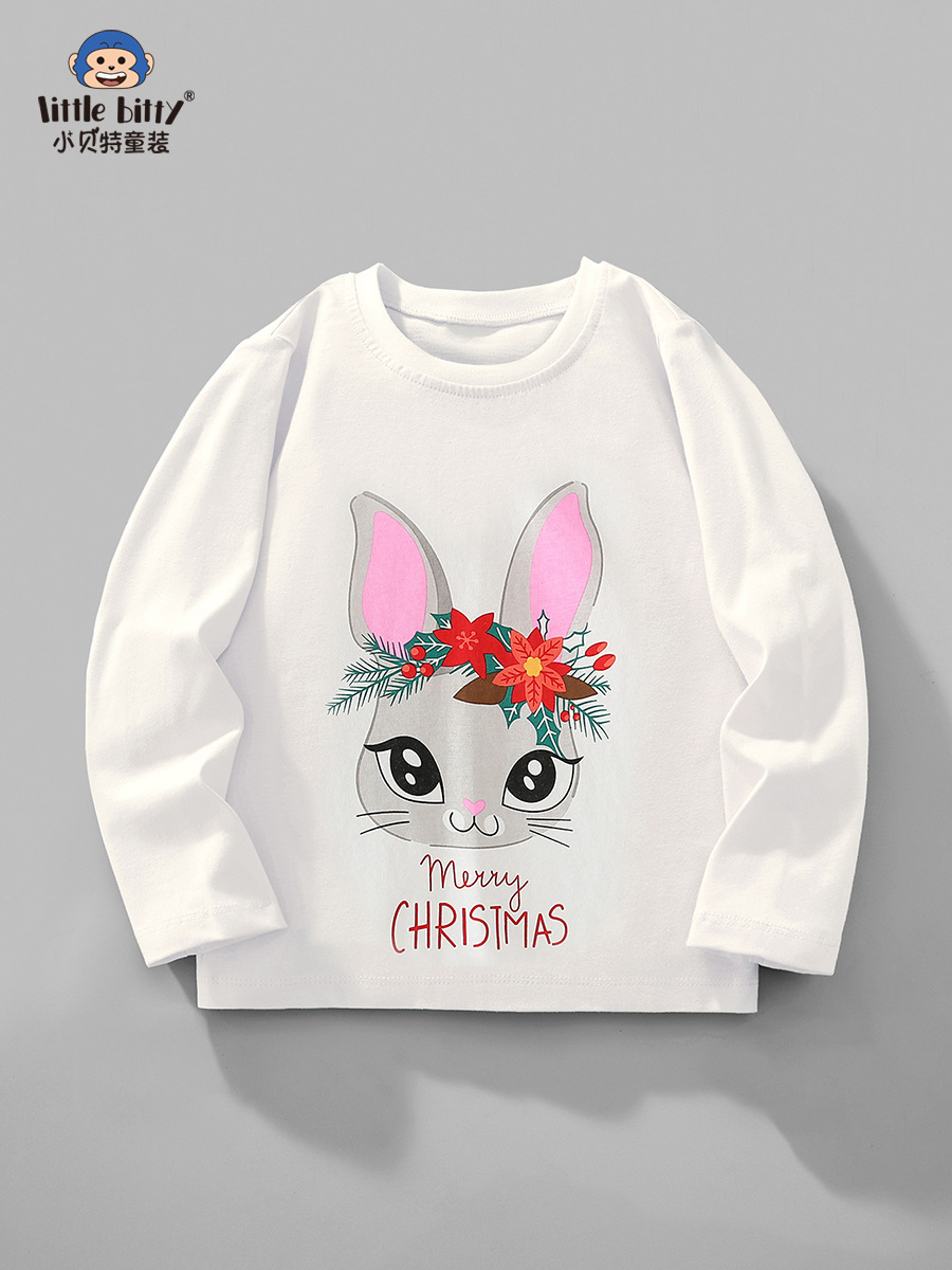 Cross-Border Supply Autumn and Winter Kidsren's Long-Sleeved T-Shirt Cartoon Rabbit Girls Round Neck Printed Knitted Pullover Top