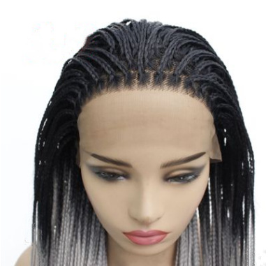 Fabricantes europeos y estadounidenses de moda negro gradiente gris medio tres hebras trenzadas sucias fibra química frente peluca de encaje LW0130