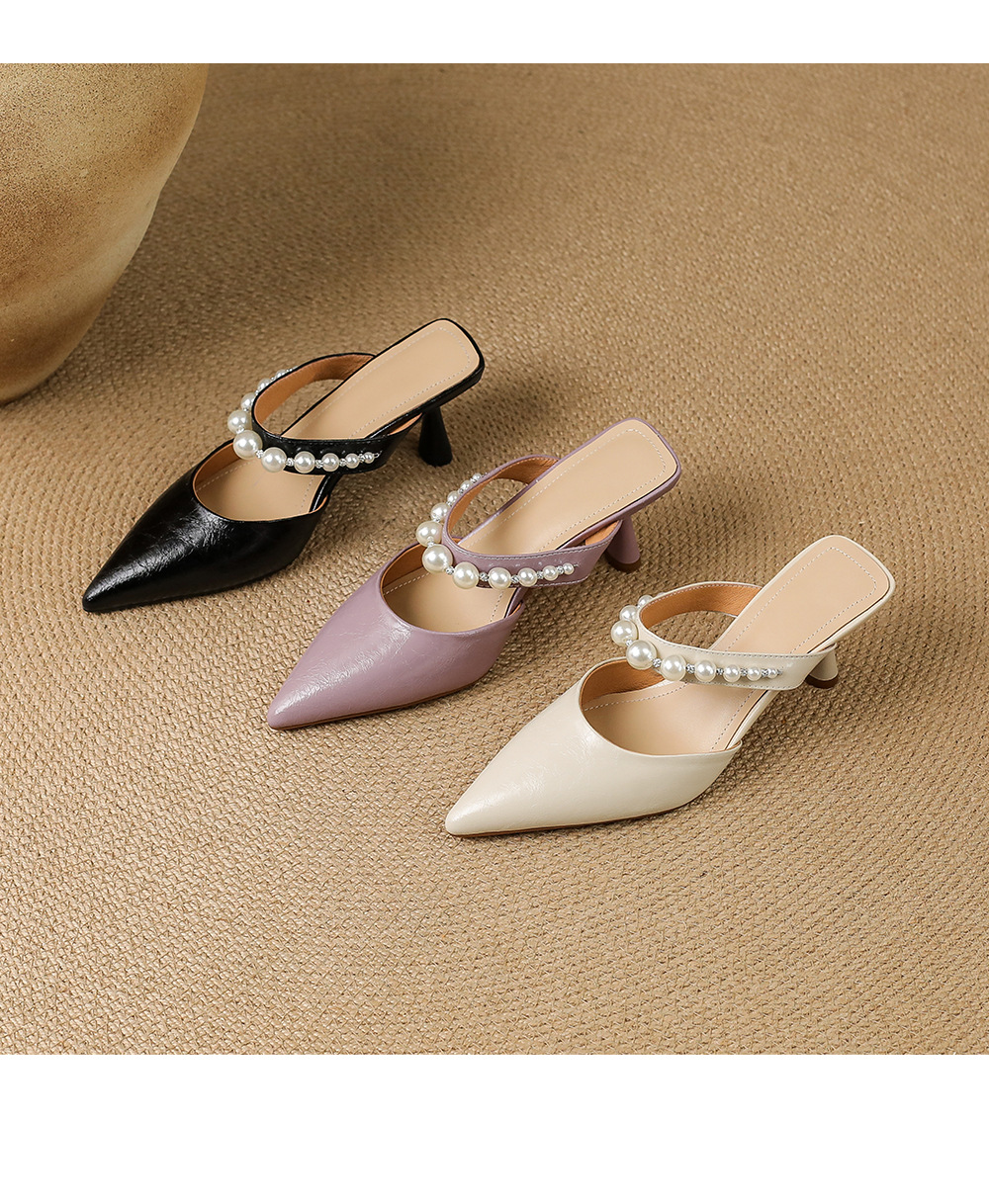 Giày sandal cao gót nữ mũi nhọn da bò, gót mảnh 9 cm, phong cách nữ thần — đen chi tiết 17