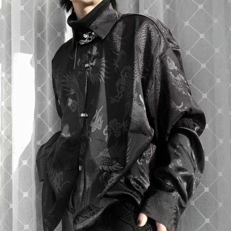 New Chinese style dragon pattern printed Chinese style shirt men's long sleeve casual loose Ruan Shuai Tang suit men's shirt top