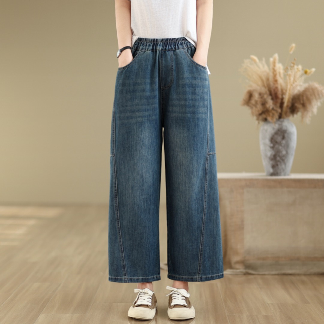 Spring New Artistic Vintage Washed Denim Cotton Straight Leg Pants Women's Women's Stretch Waist Clear Color Cropped Pants
